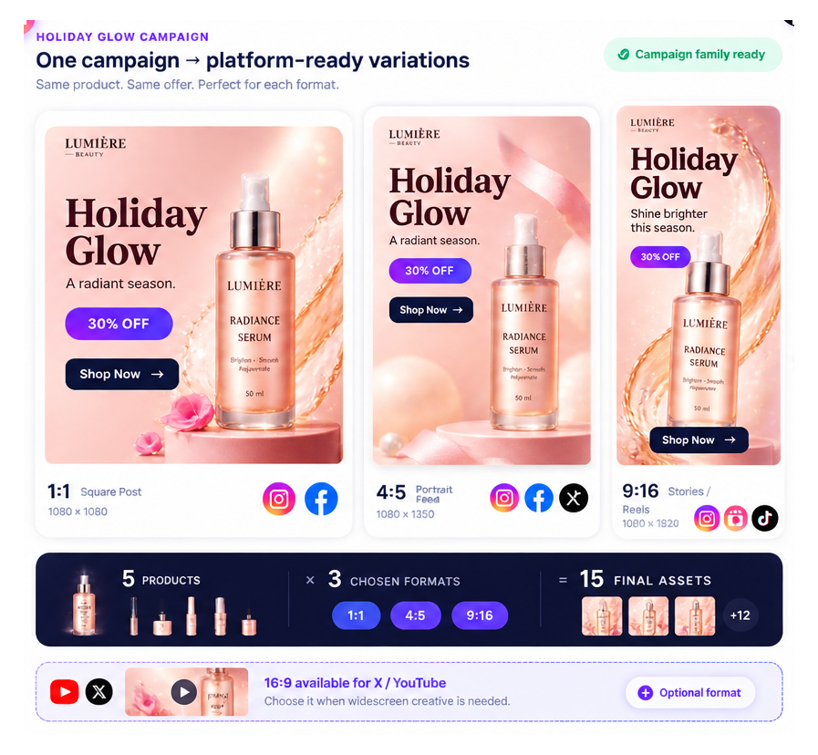 Holiday Glow campaign family with sharp product photography adapted to square 1:1, portrait 4:5, and vertical 9:16 social formats, plus optional 16:9 support for X and YouTube