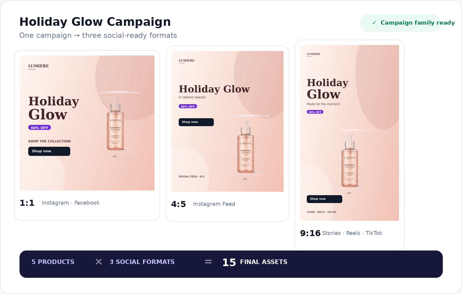 Holiday Glow campaign family across square, portrait, and vertical social formats